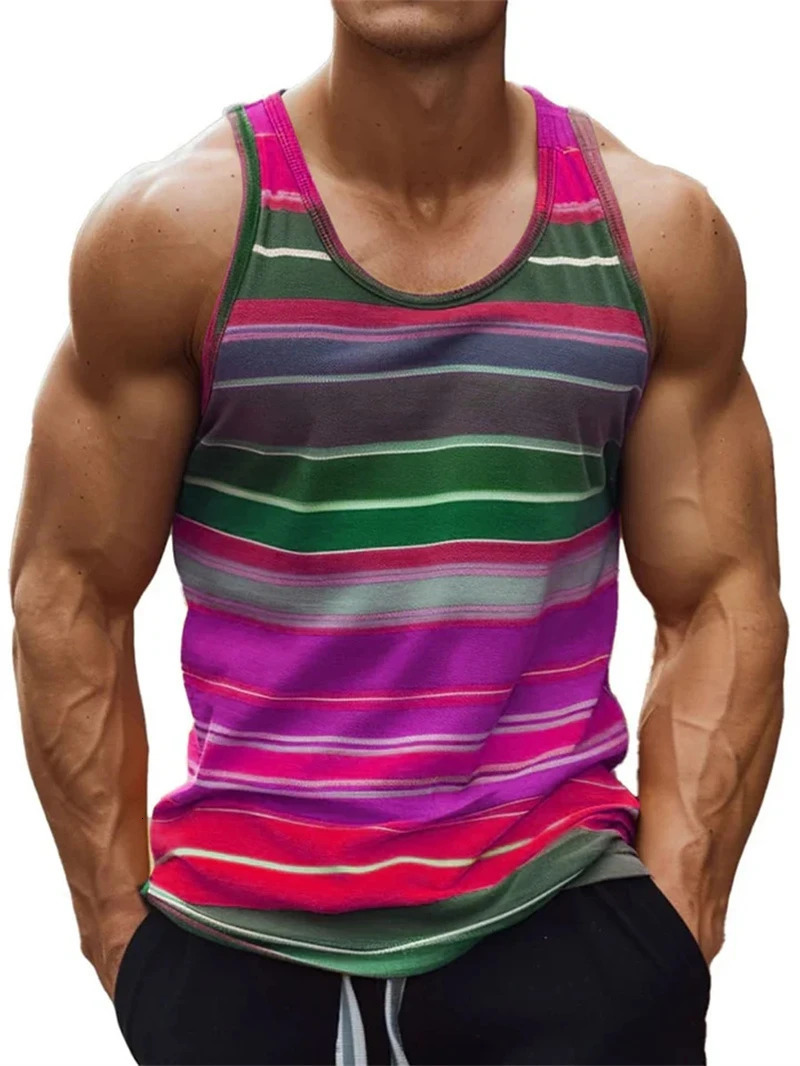 Funny 3D Color Stripe Printed Mens Tank Top Fashion Breathable Gym T-shirt Outdoor Run Fitness Sports Sleeveless Shirt Man Vest 250325