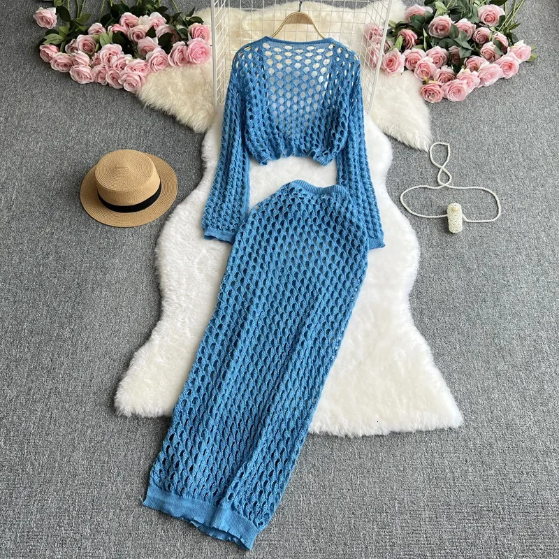 Beach Sexy Knitted Bikini Swimwear Cover up Sun Protection Set Womens Pure Color Beachwear Ensemble Fashionable Chinese 250324