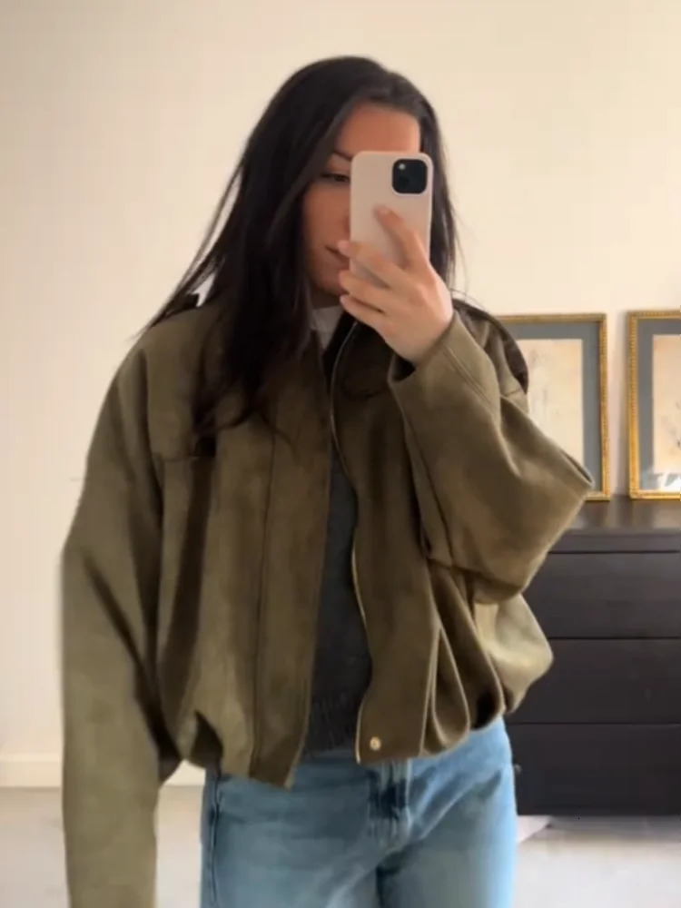 Suede Casual Jacket Women Zipper Turn-on Collar Oversized Long Sleeve Spring Coat Female Green Street Lady Outwear Tops 250321