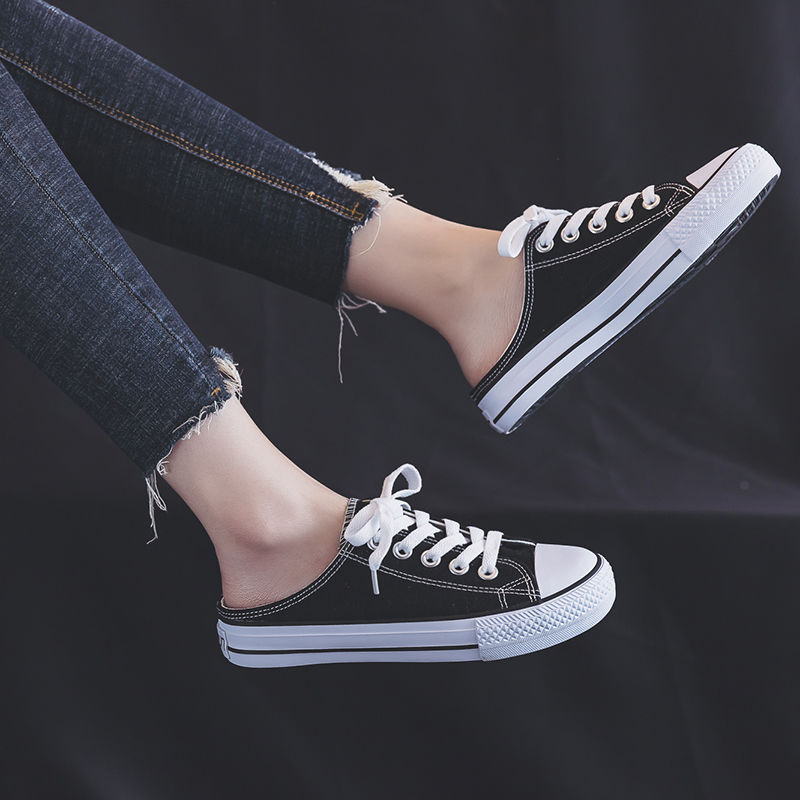 designer shoes 2025 new Women's half-drag white sneakers Korean version for summer one-step slip-on lazy shoes for students versatile flat canvas