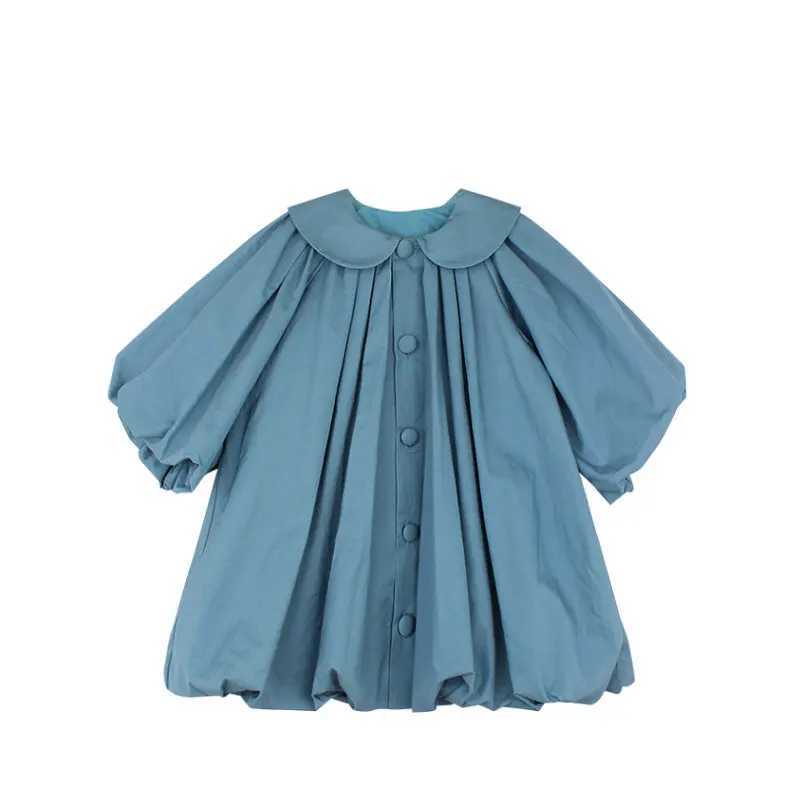 Summer casual baby and girl cotton loose pure blue puff sleeves single chest flower bud dress childrens cute clothing 2-8 years W250326