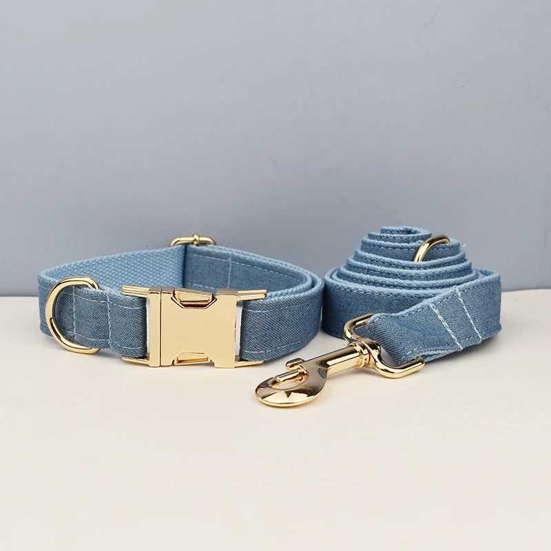 High quality custom design blue denim soft cotton pet accessories personalized dog collar belt safety bow set X250326