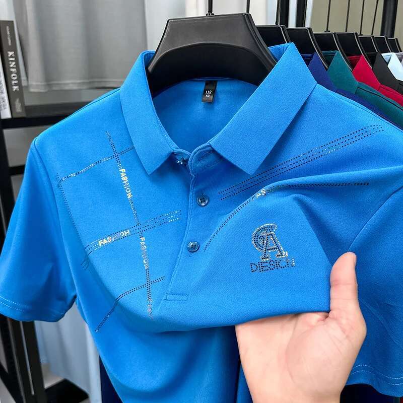 Men s short sleeved polo shirt summer trend high elasticity breathable casual cool stripes large square business stylist T