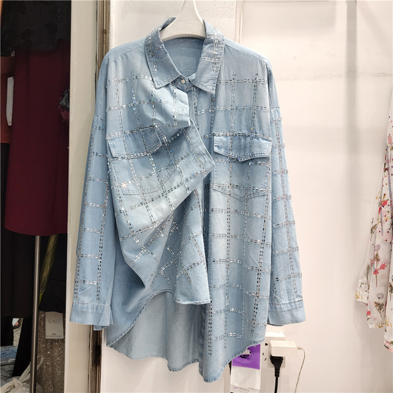 European goods heavy industry hot stamping denim shirt, women's spring and autumn design, niche, loose, medium to long length top, shirt jacket, 