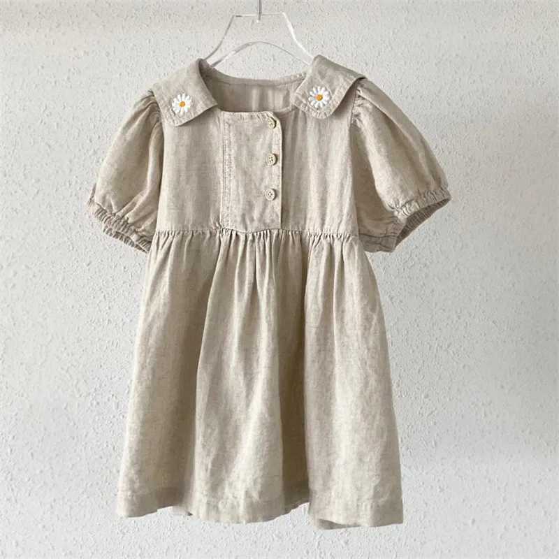 New Summer Girl Dress Campus Dress Flower Embroidered Collar Ruffle Dress Childrens Girls Bubble Short Sleeve Girls Cowboy Dress W250326