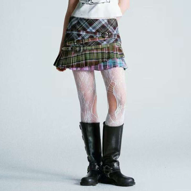 American Spicy Girl Plaid Half Skirt With Irregular Pleated Patchwork Design, Y2k Short Skirt, Women's Spring And Summer New Style