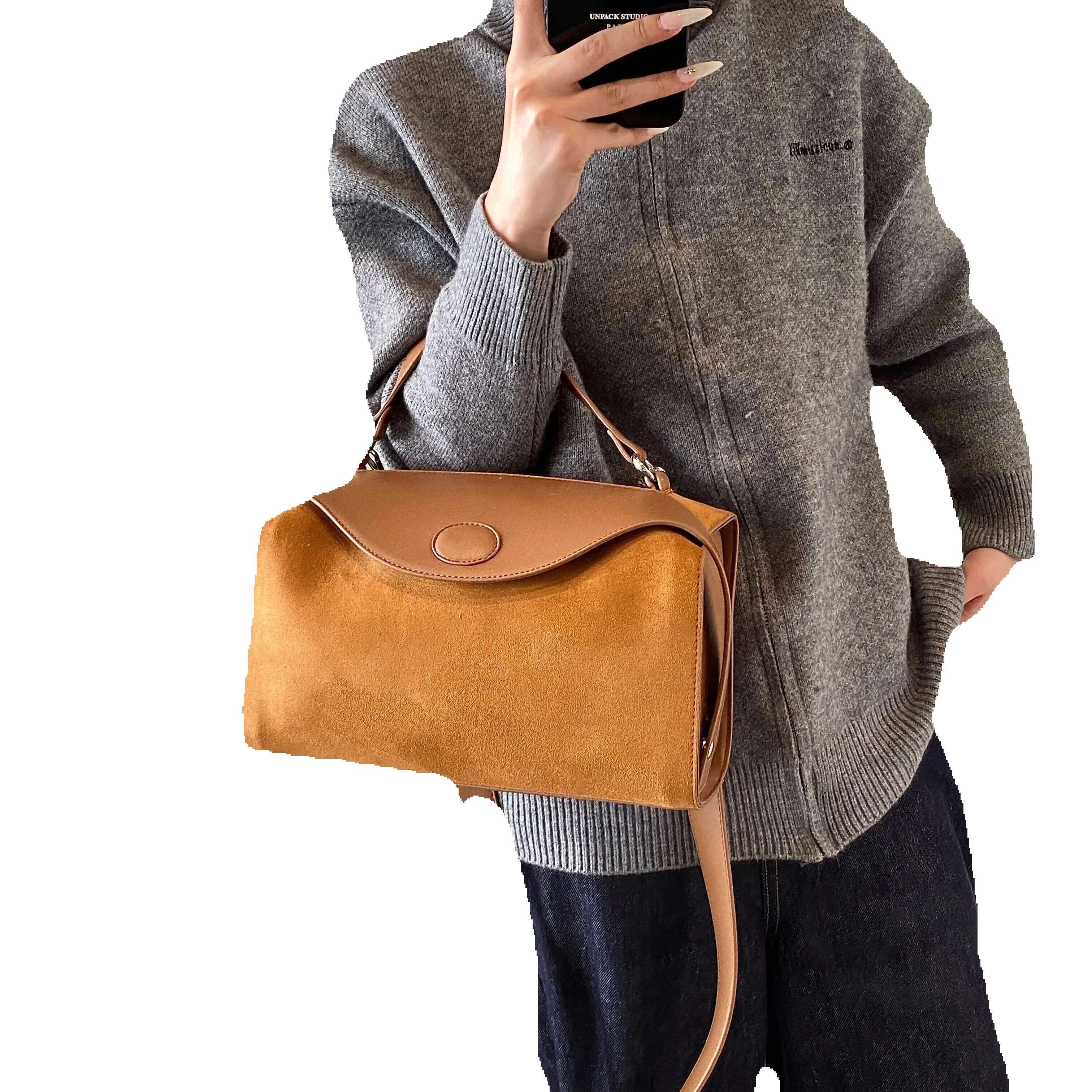 Womens Leather Handbag Designer Fashion Autumn Winter Big Boston Tote Soft Matte Suede Lady Versatile Shoulder Crossbody Bag