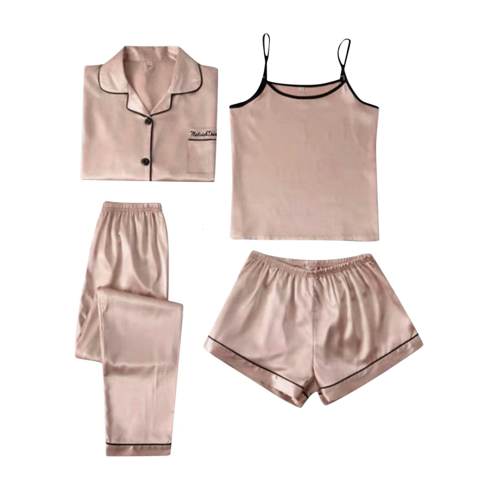 Spring/Summer Women's Home Clothing with Embroidered Fashion Strap Sleepwear Thin Four Piece Set