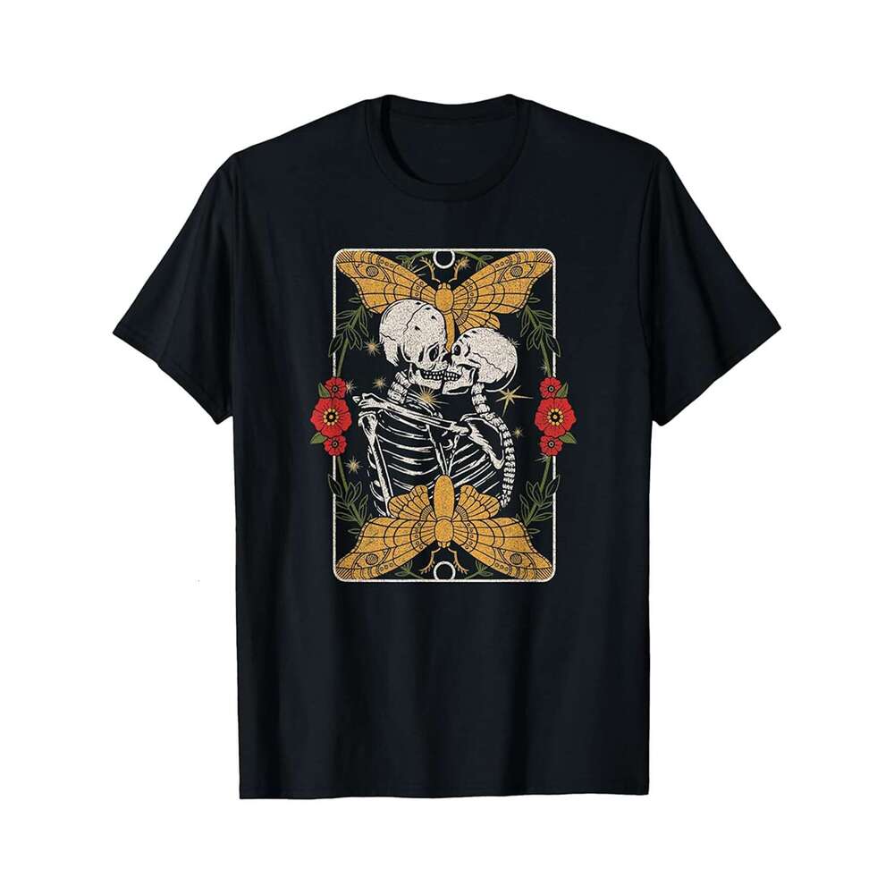 Designer T shirt Trendy Skeleton Embrace Moth Floral Circle Tarot Card - 220g Tshits