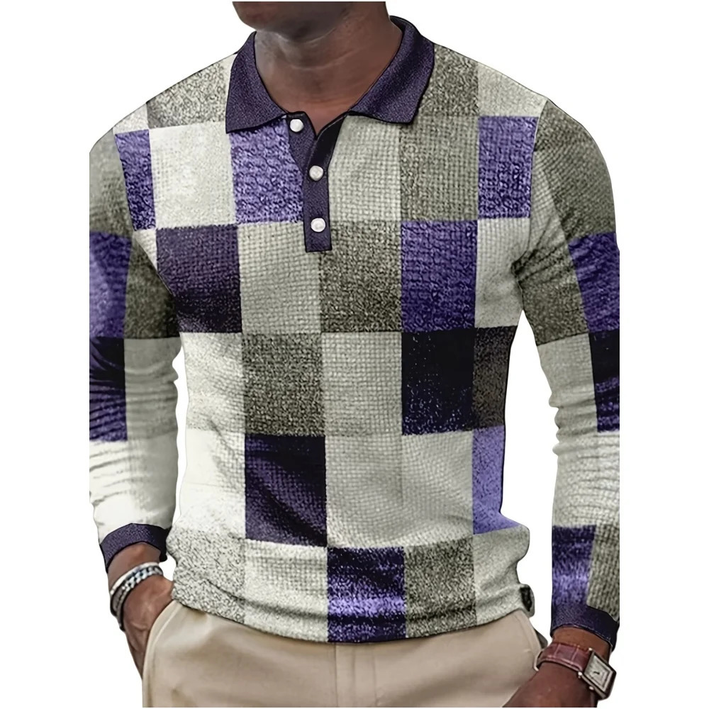 Mens polo shirt plain weave retro printed street fashion lapel long sleeved top outdoor sports button golf clothing mens Tshirt 250326