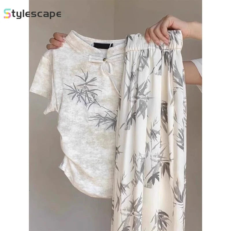buckle tie dye short sleeved T-shirt for women bamboo leaf wide leg pants casual and fashionable womens two-piece set 250321