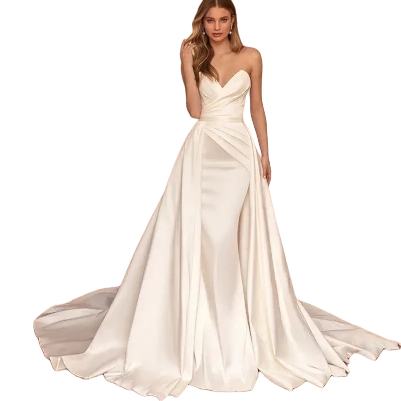 Simple Ivory Satin Mermaid Wedding Dresses With Detachable Train Pleats Sweetheart Sleeveless Long Bridal Gown 2025 Vestido De Novia