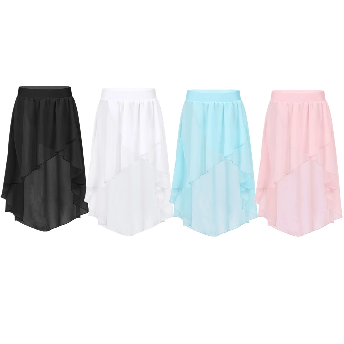 Kids Girls Chiffon Dance Skirt High-Low Elastic Waistband Chiffon Skirt for Ballet Jazz Dance Studio Practice Performance 250326