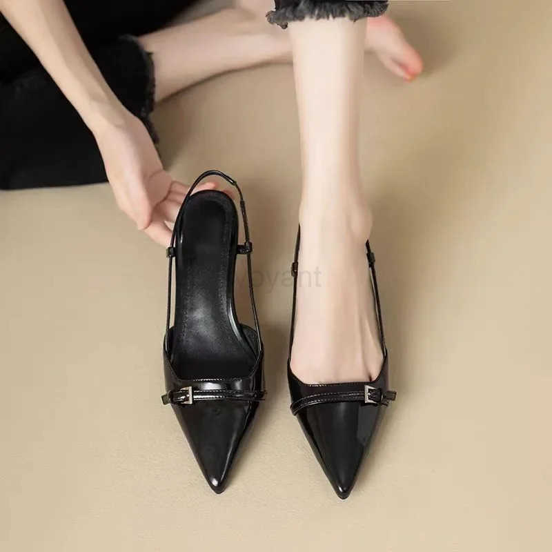 Wen Dress Pumps Shoes 2024 New Summer Pointed Toe Sandals Sexy Buckle Mid H Patent Leather Slip on Shoes Designer Sandals Z250326