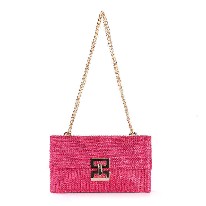 f1 2024 New Vacation Style Multi compartment Chain Flip Lock Straw Woven Single Shoulder Women's Bag