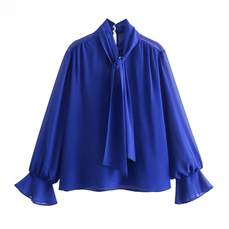 KEYANKETIAN New Launch Women's Tie Decoration Royal Blue Shirt Elegant Office Lady Petal Sleeve Chiffon Blouse Pullover Chemise