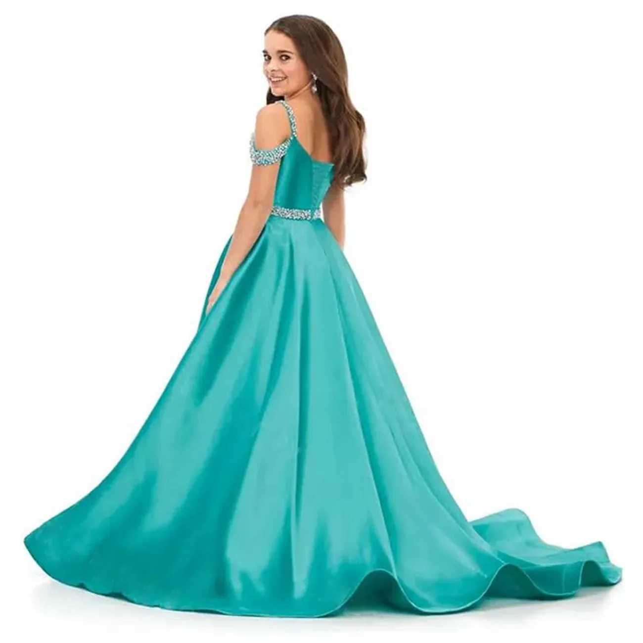 Elegant satin childrens wedding Par dress with long beaded shoulders birthday flower girl dress formal evening gown W250326