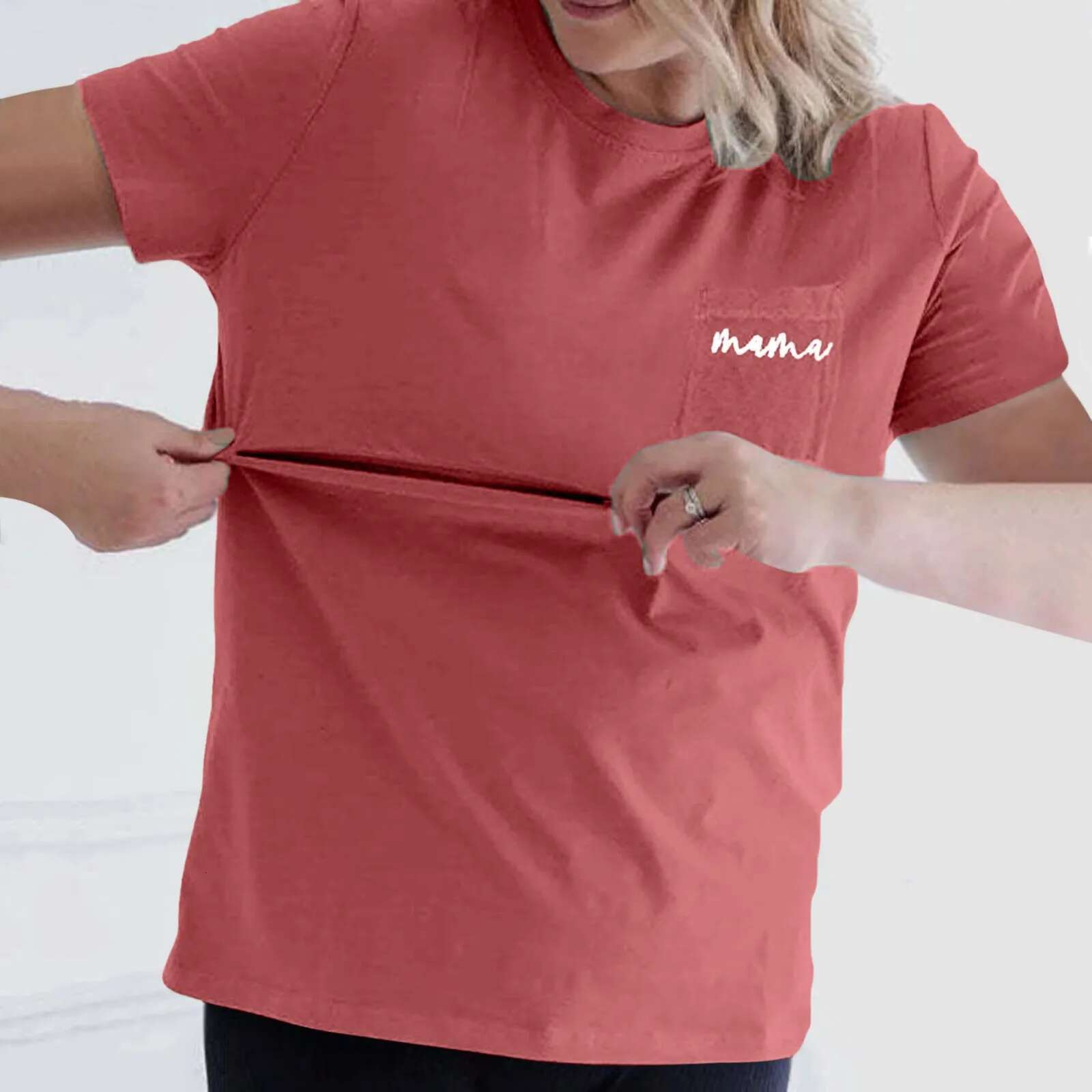 Ddmyshoesvip Comfortable Minimalism Nursing Mama Zip Solid Short Sleeves Loose Top Round Neck Casual Pocket Maternity T Shirt
