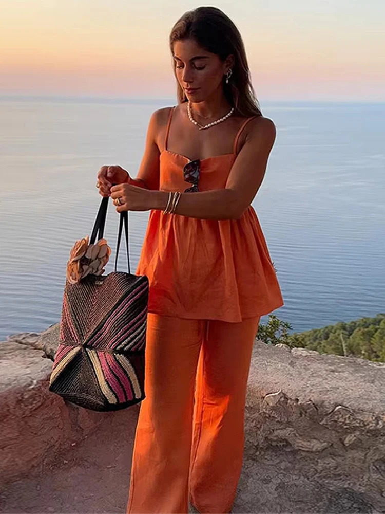 Orange brushed womens wide leg pants set elegant sleeveless pleated hem camisole top womens two-piece streetwear set 250321
