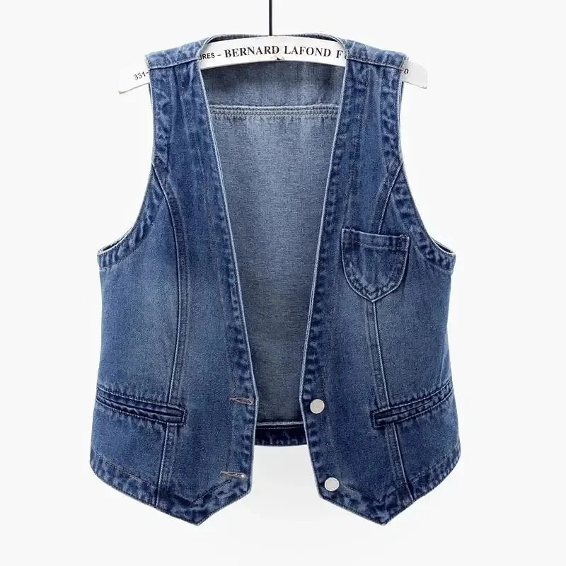Retro denim waist jacket spring ultra-thin sleeveless jacket vest single chest blue casual top 250320