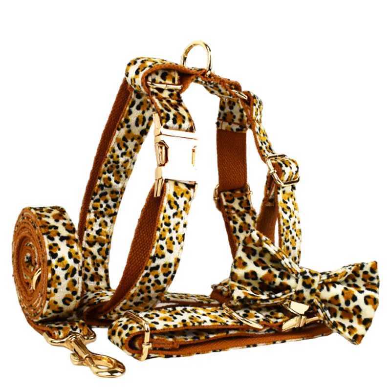 Leopard personalized name collar customized small dog harness for small and medium-sized dogs vest harness Leopard dog poop bag bow X250326