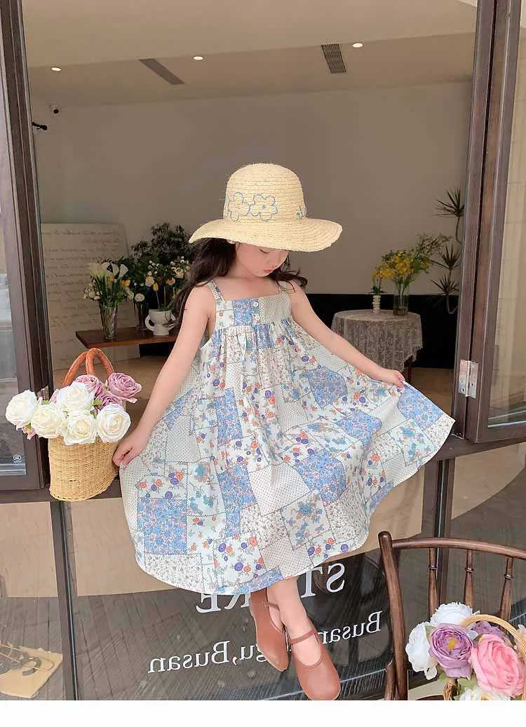 Girls casual dress with floral print and plain patch work sleeveless dress childrens clothing for girls aged 3 to 7 childrens clothing for girls W2503