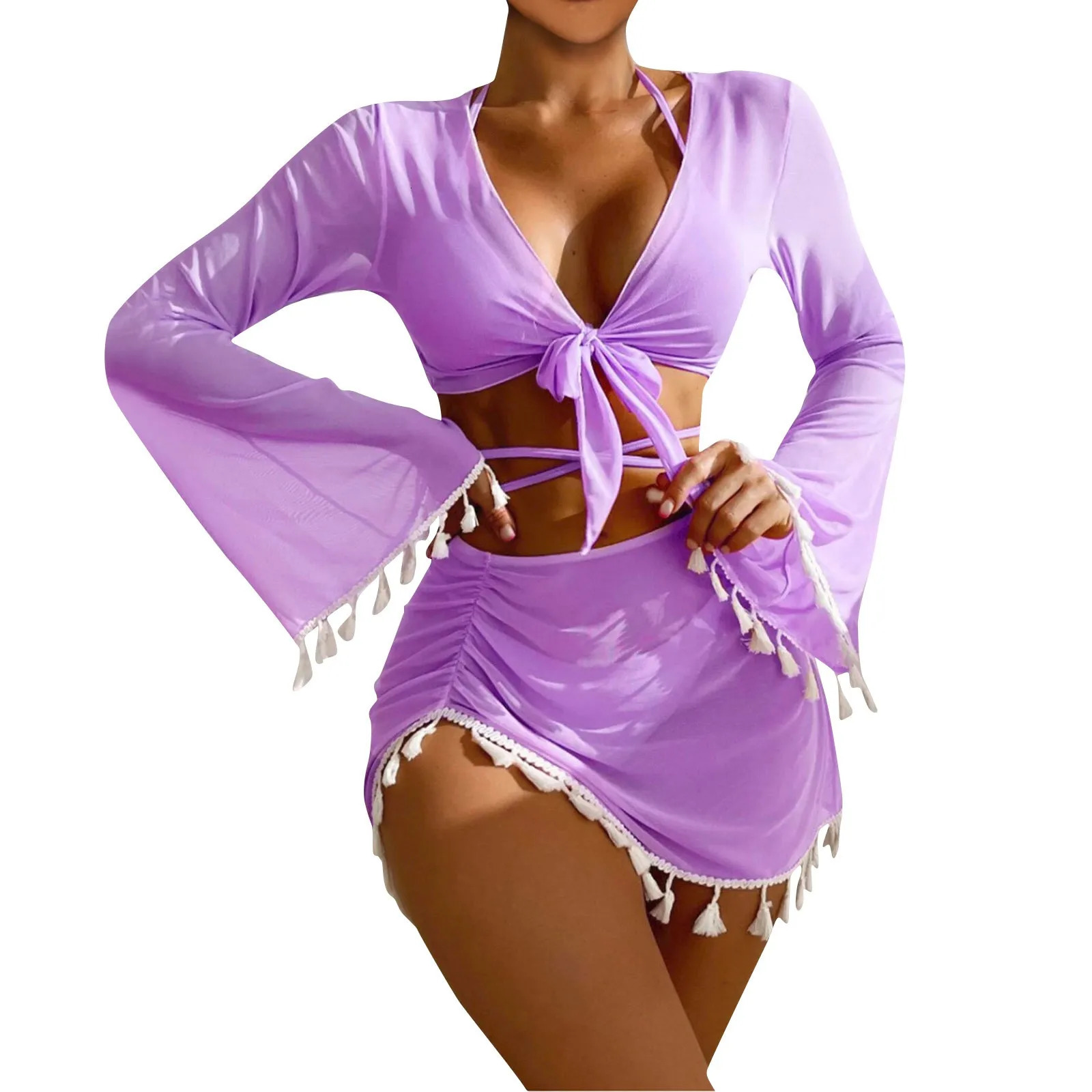Solid Color Sexy Fashion Slim Fitting Beach Swimwear For Lady Split Lightweight Strap High Waist Pleated Cover-up Four-Piece Set 250324