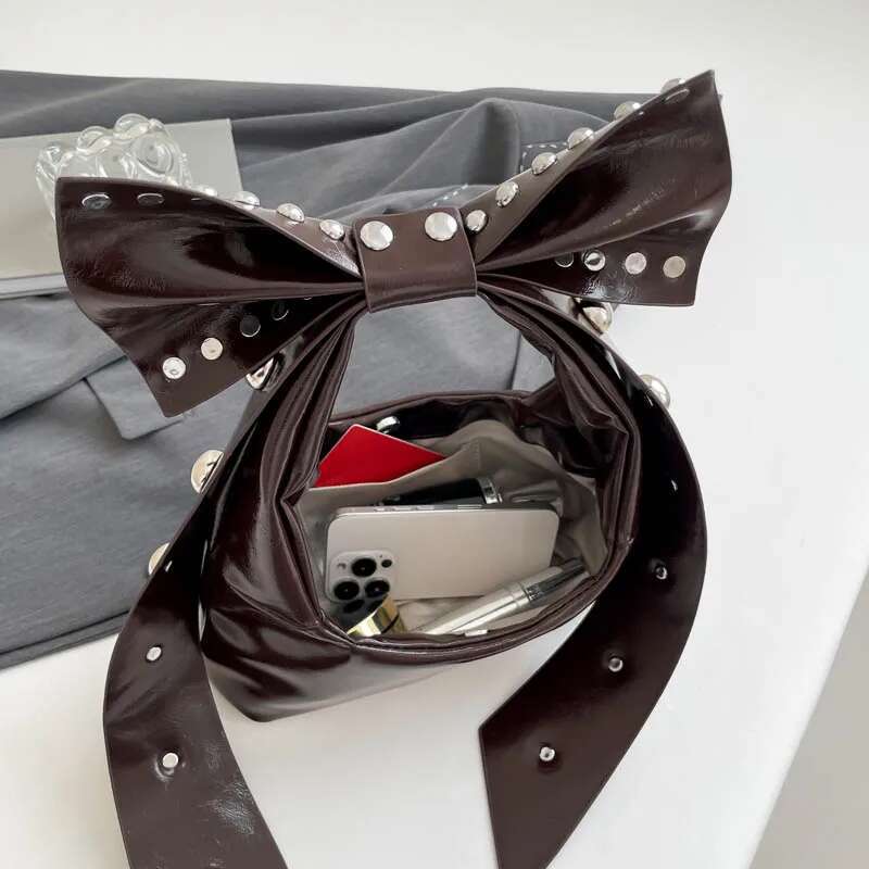 Bow Rivet Tote Red Black Motorcycle Y2k Punk Four Seasons Sexy Hot Girl Bag PU Shoulder Bags Zipper Crossbody Handbag