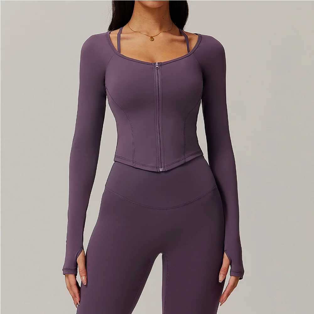 Zipper long sleeved sportswear womens jacket sportswear elastic fitness yoga clothing running shirt W250326