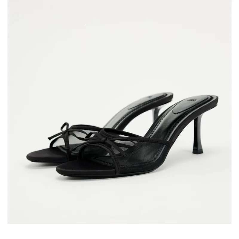 2025 summer new backless breathable designer fashion slippers, mesh fabric bow decoration high heels, women's sandals