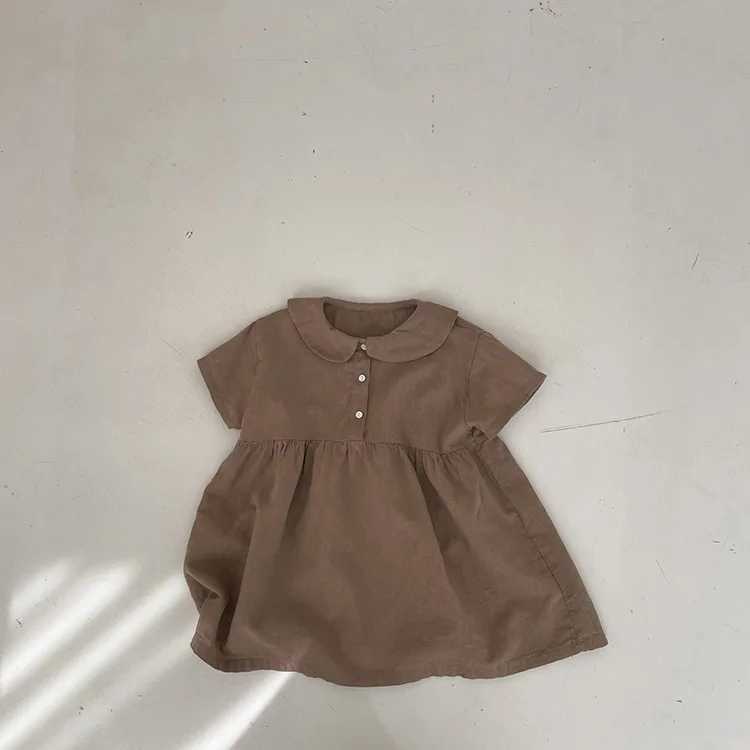 2025 Summer New Girls Long Sleeve Collar Dress Childrens Cotton Linen Casual Dress Fashion Girl Princess Dress Childrens Clothing W250326
