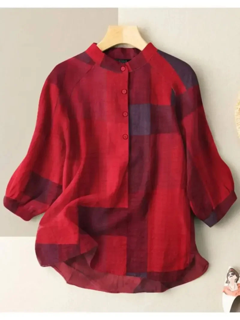 Fashionable summer womens plain weave shirt retro oversized 2024 spring 34 sleeve top casual loose button up Blusa Femme 250326