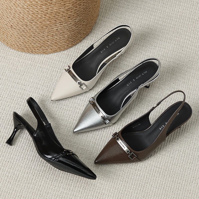 Low profile design, shallow mouth, medium heeled sandals, women's metal buckle, pointed high slim heels, and single toe shoes G6589-11