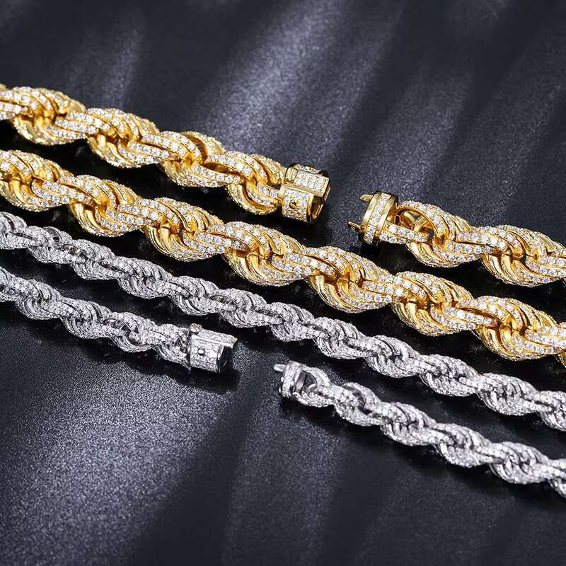 Pass Diamond Tester 8mm-14mm Full VVS Moissanite Iced Out Rope Chain 925 Sterling Silver Men Hip Hop Jewelry Twisted Necklace