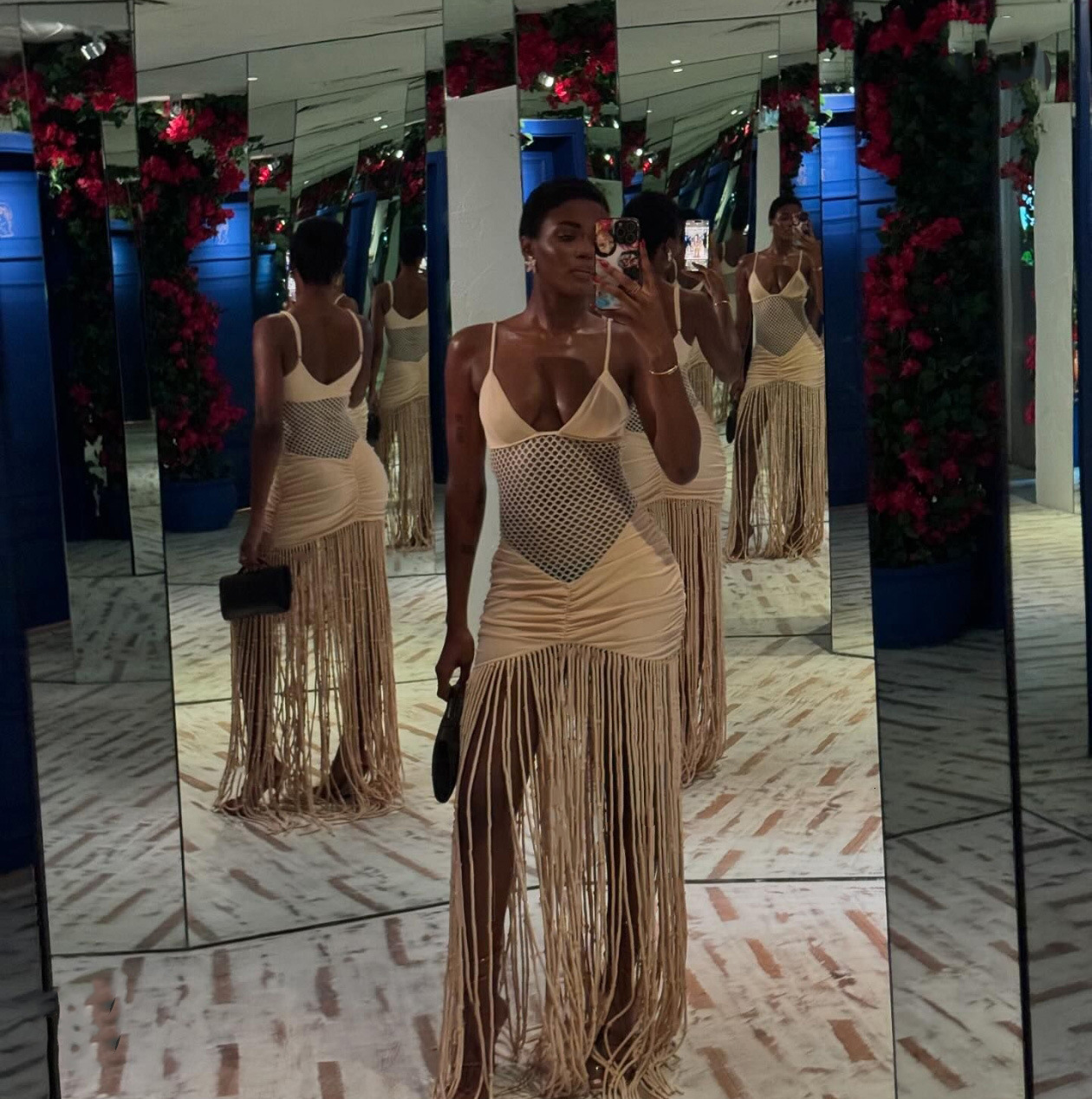 2025 spring/summer european and american fashion strap mesh open waist sexy folded bag hip tassel dress lX0110