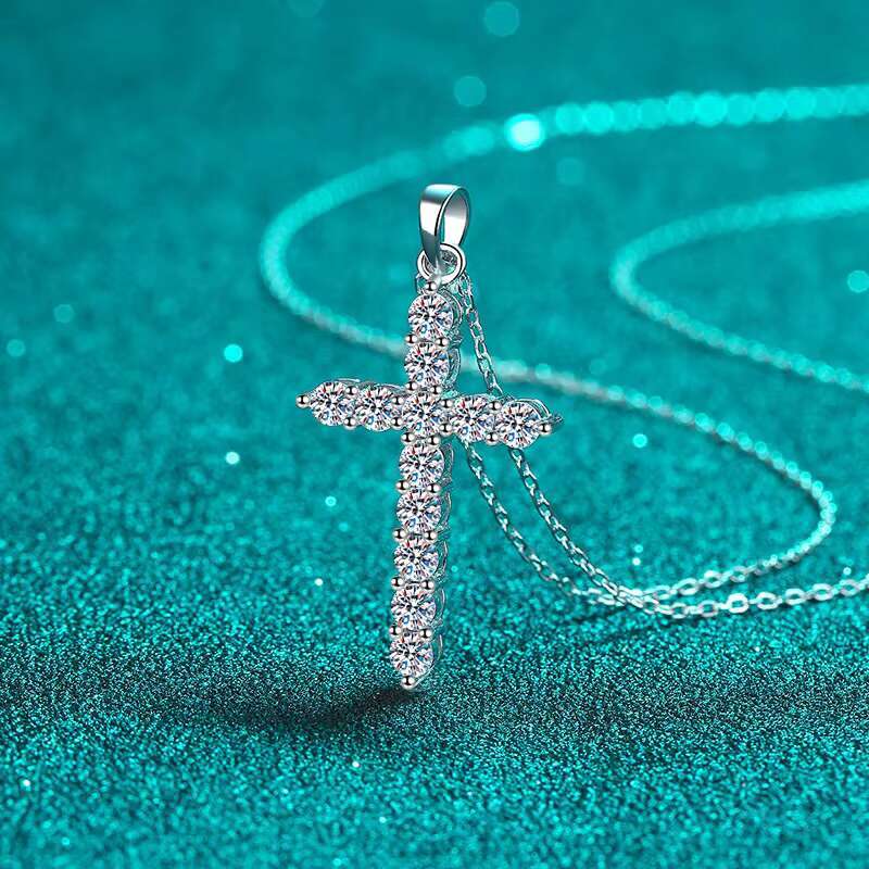 Hot Trendy Fine Moissanite Diamond Cross Pendant on Sterling Silver Chain High Quality Necklace for Men Women Girls Jewelry