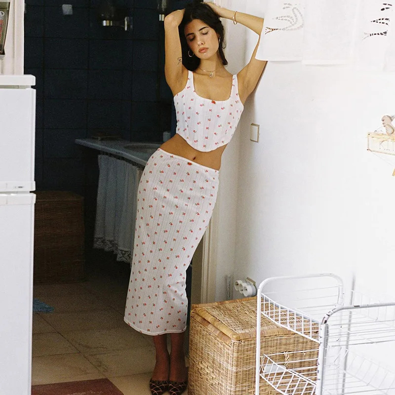 Womens Solid Sleeveless Short sleeved Long Skirt 2-piece Set Summer White Printed Y2K Set 250321