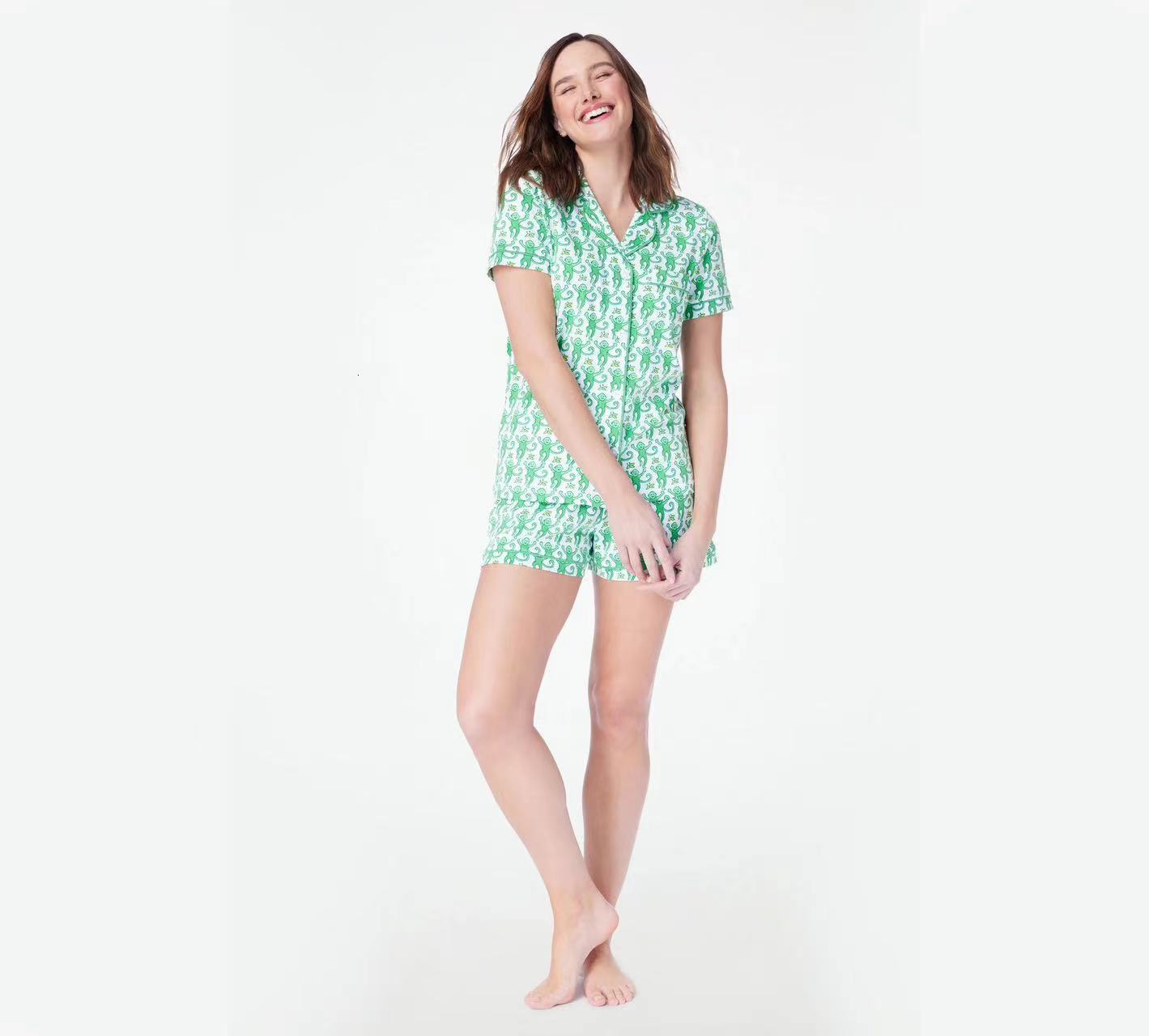 2025 Summer Home Clothes Monkey Printed Polo Casual Set Pajamas for Women