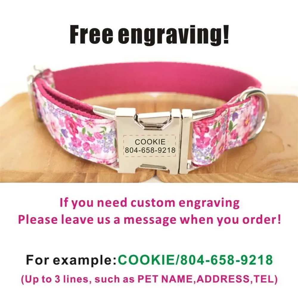 Personalized pet collar customized name ID tag adjustable pink flower cat dog collar lead strap X250326