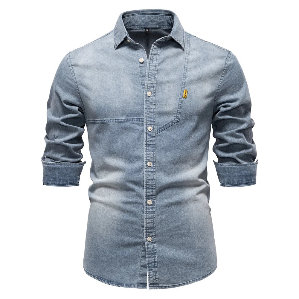 2025 mens denim shirt cotton casual long sleeved highquality patched workwear elastic 250326