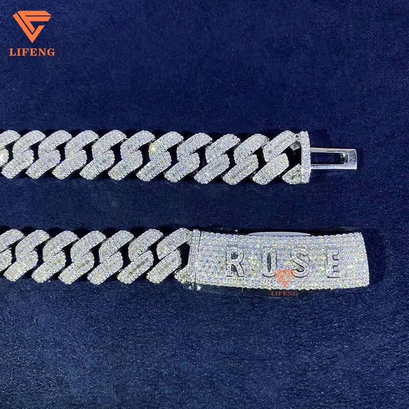 Custom Clasp Letter Fashion Cuban Link Chain 14mm Baguette Cut Moissanite White Gold Cuban Necklace 925 Sterling Silver Necklace