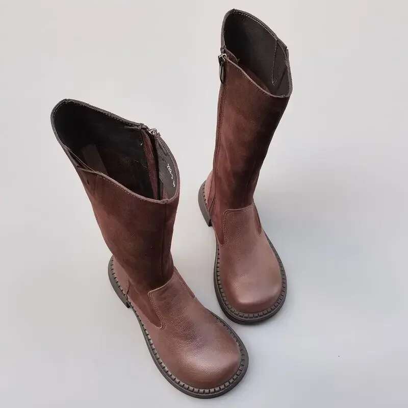 Knee High Knightly Real Genuine Leather Wide Head Women's Boots British Cowhide Fat Zipper Single Autumn Winter Shoes