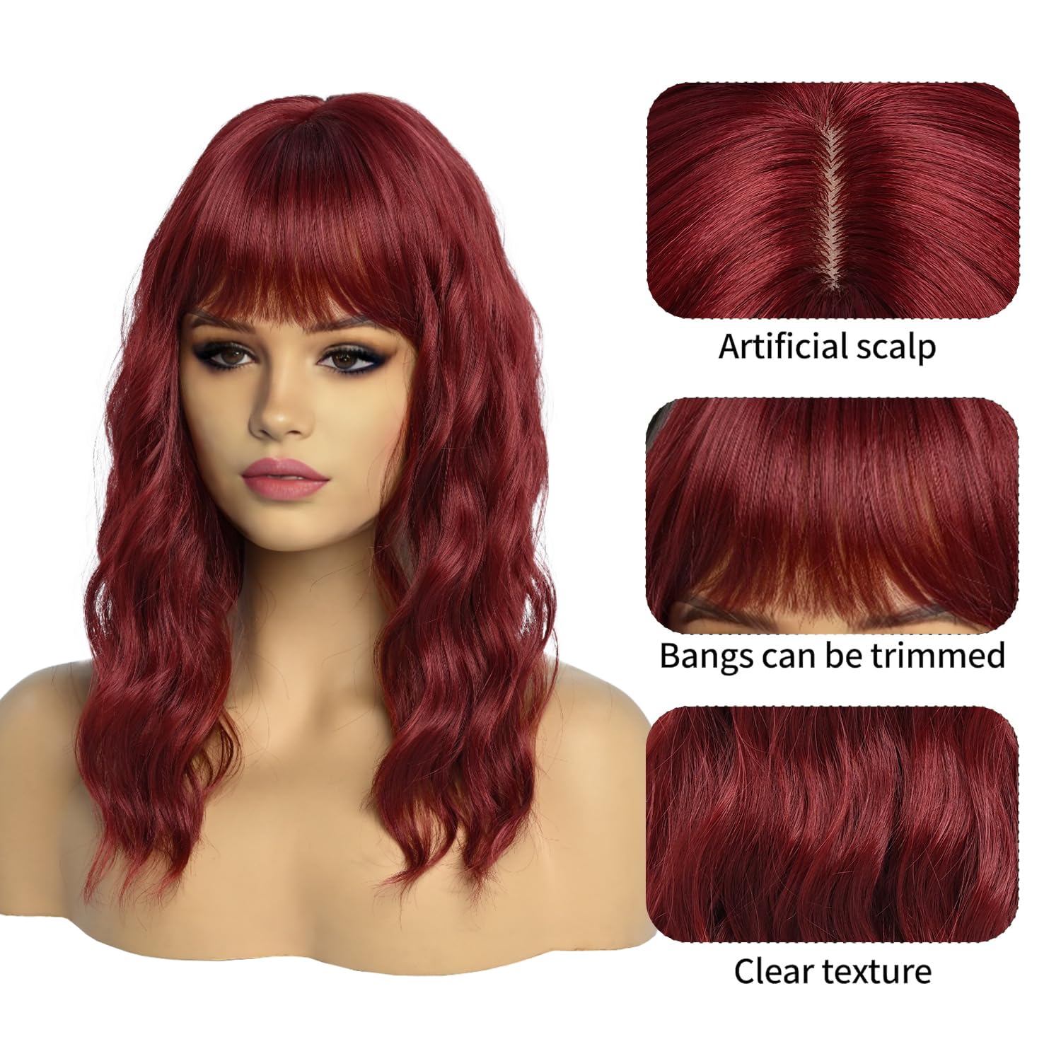 Burgundy Wigs with Bangs for Women Synthetic 16inch Medium Length Wigs with Natural Long Wavy Fringe Bang wig Heat Resistant Hair for Daily Party Use(
