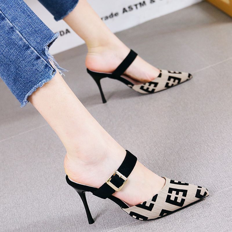 2025 Summer New Fashion Internet Celebrity OL Pointed Outerwear Cool Dragging Slippers Versatile Baotou Thin Heels Half Dragged Women