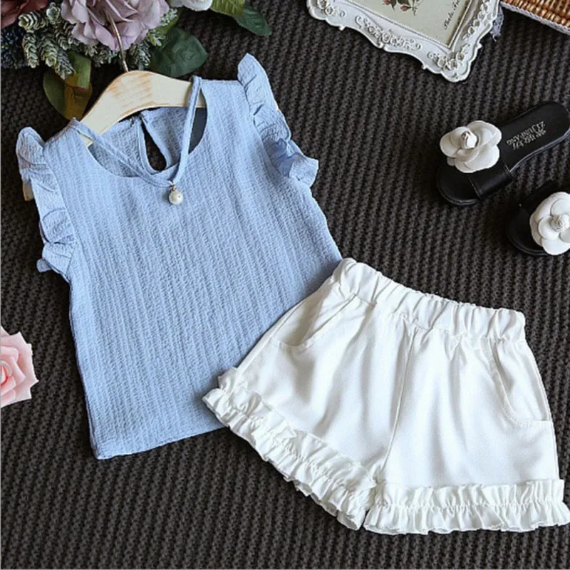 Girls Chiffon T-Shirt Shorts Set Summer Pearl Sleeveless Top Solid Shorts Stylish Cute Clothes 3-8 Years ChildrenS Wear Set 250325