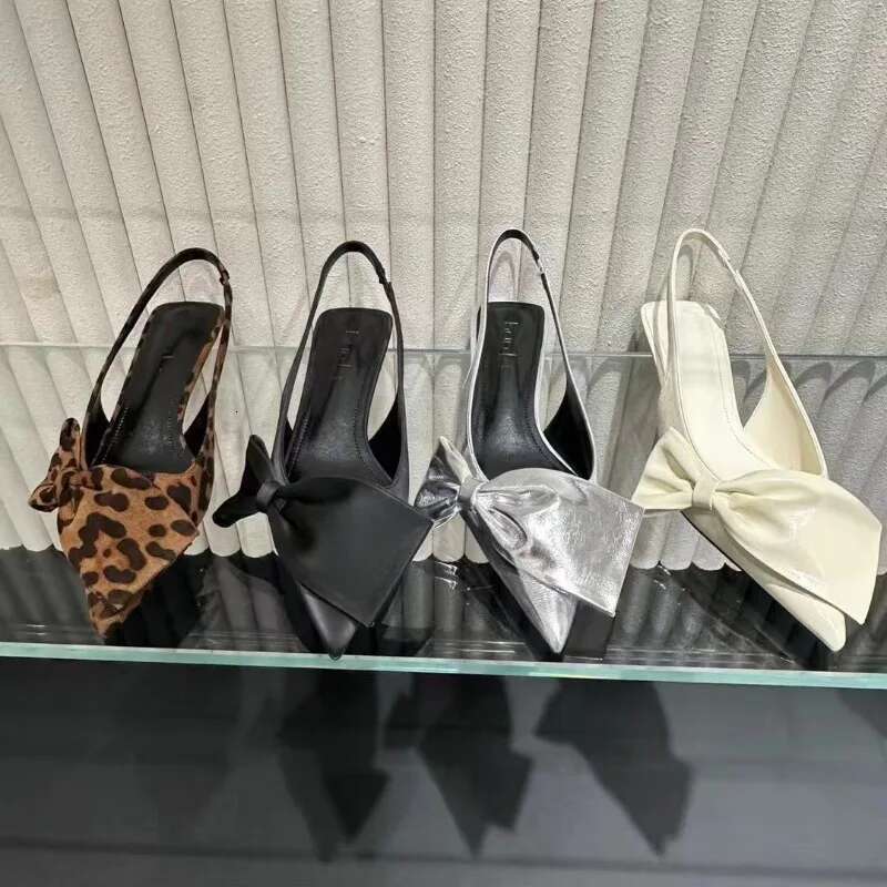 Pointy Bow Sandals Women's Bowknot Sgback Kitten Black Pointed Toe Satin Slip On Low Heels Casual Dress Shoes