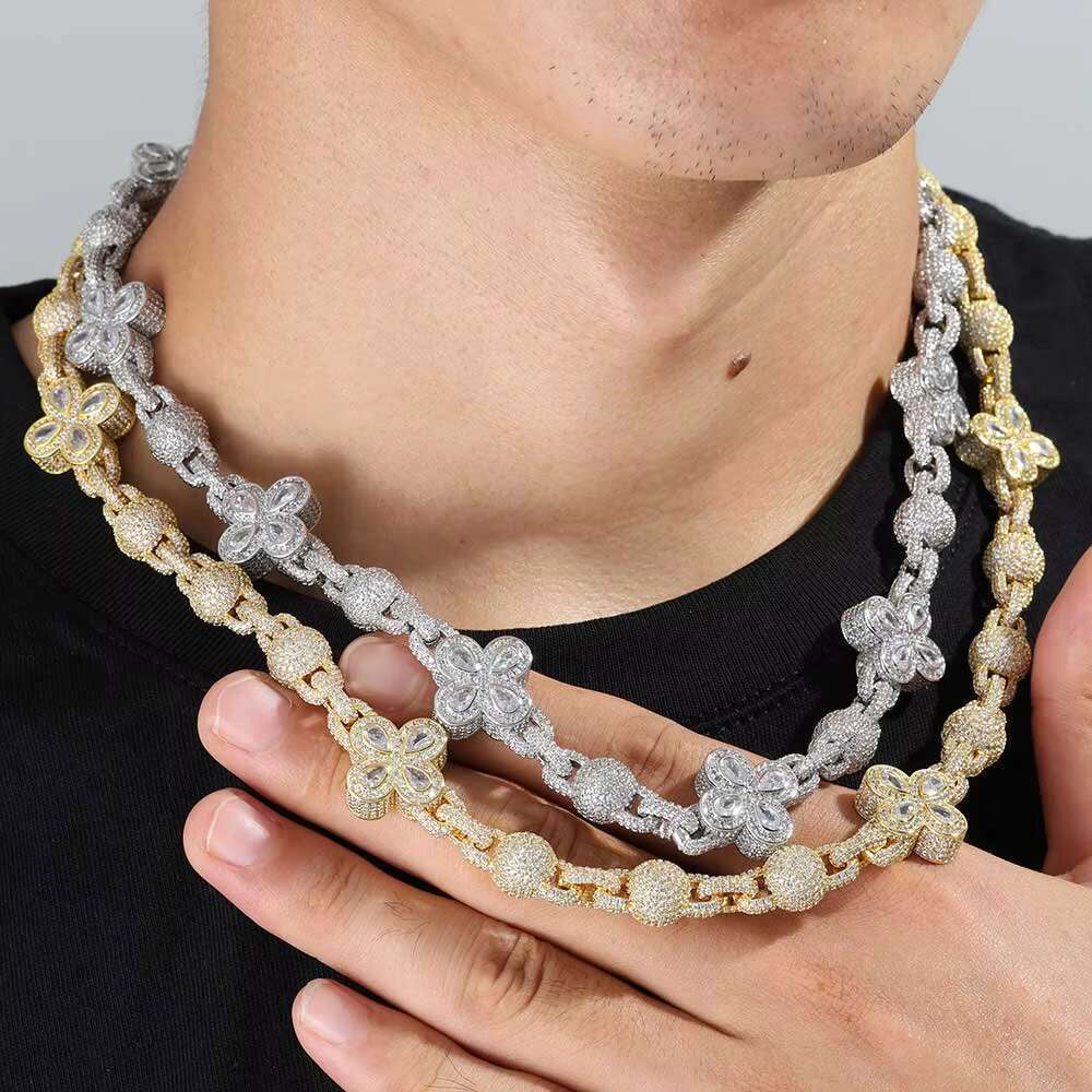 Fashion New Four Leaf Clover Round Ball Bead Necklace Hiphop Customize Moissanite necklace Bead Chain Cuban Link Chain Necklace for Women