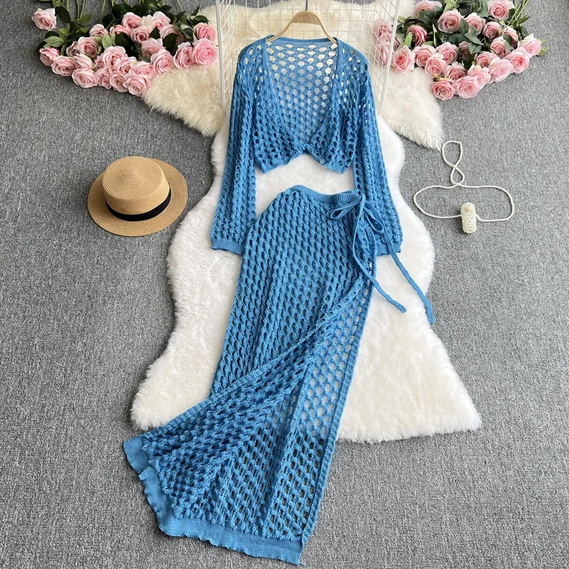 Beach Sexy Knitted Bikini Swimwear Cover up Sun Protection Set Womens Pure Color Beachwear Ensemble Fashionable Chinese 250324