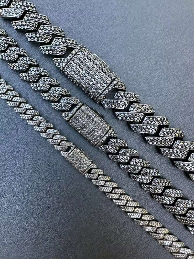 MOISSANITE 925 Sterling Silver Cuban Link Chain Necklace 8mm-12mm Strand 16-30 Lengths Black Rhodium over Prong Cuban Link