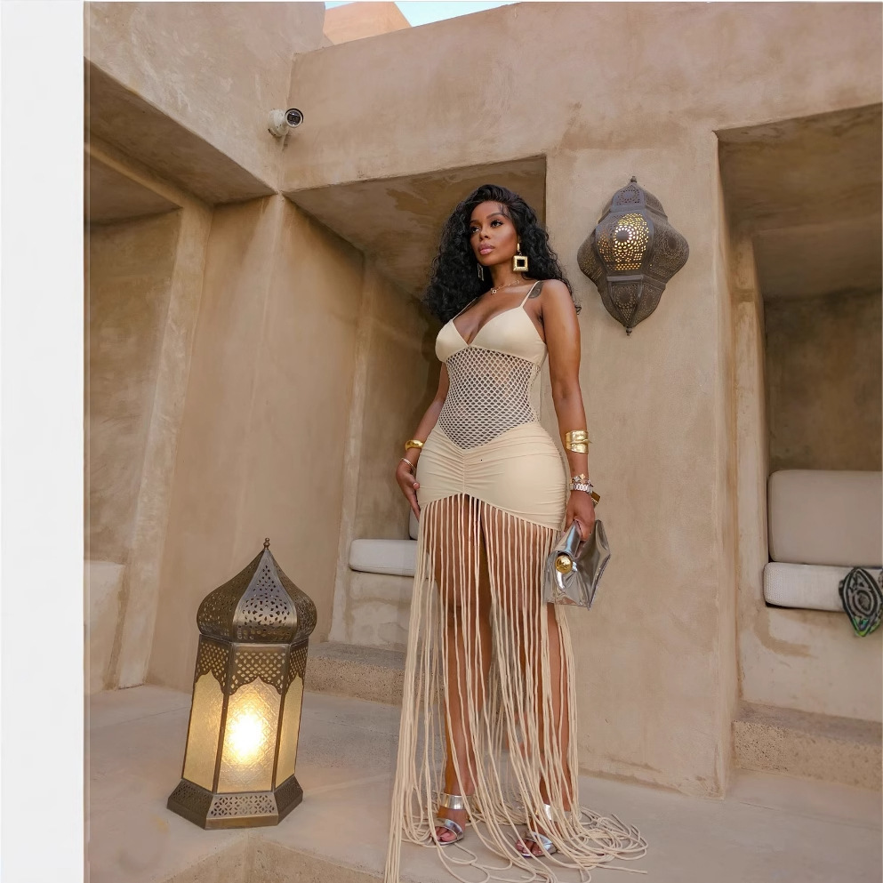 2025 spring/summer european and american fashion strap mesh open waist sexy folded bag hip tassel dress lX0110